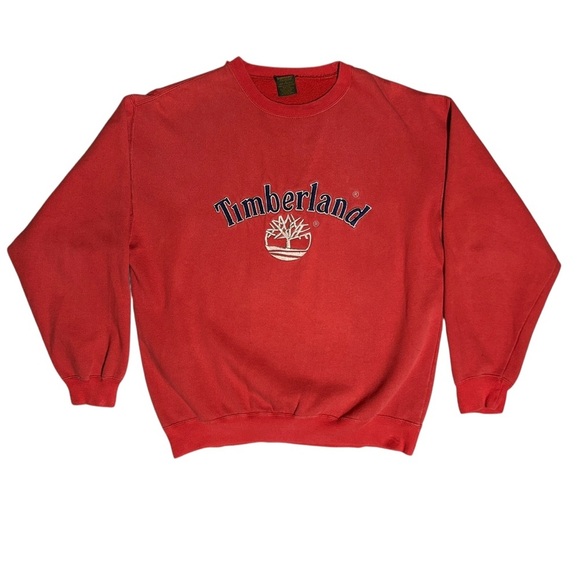 90s TIMBERLAND Weathergear Red Cotton Blend Sweatshirt Embroidered Logo sz L - Picture 2 of 11